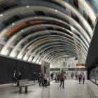 Illustration av plattform Arenastaden, en av de tre nya stationerna längs nya sträckan av gröna linjen som nu uppförs av Region Stockholm. Bild: Region Stockholm/&Rundquist.