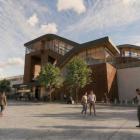 Bergsbrunna station är dimensionerad för att kunna ta emot 30 000 resenärer dagligen när den står klar 2034. Här sedd från den östra sidan. Illustration: SWECO/Trafikverket