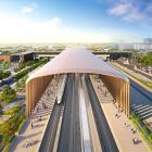 Arkitekternas vision av staden Fresnos centralstation i Kalifornien. Illustration: California High Speed Rail Authority
