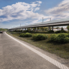 Visualisering av en vy från Timmerleden mot Strömsborg. Bilden är en tidig skiss där järnvägen går på en landskapsbro. Det är ännu inte beslutat exakt hur järnvägen kommer att utformas. Grafik: Trafikverket