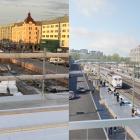 Till vänster syns Karlstad C i december 2024 med vy mot väster från gångbron Trädgårdslänken. Till höger en illustration som visar anläggningen när utbyggnaden är färdig.Foto: Trafikverket/White