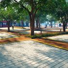 I Birkala planeras i anslutning till spårvagnshållplatsen vid Partolatorget ett trivsamt vistelseområde för invånarna, där träd ska ge skugga och grönska. Illustrationsbild: Spårvägsalliansen Tammerfors–Birkala–Linnainmaa.