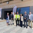 Helene Andersson, ordförande tillväxtutskottet, region Halland, Roberto Maiorana, gd Trafikverket, Biljana Perhsson, vd Jernhusen, Anderas Carlson, infrastruktur- och bostadsminister, Ann-Charlotte Stenkil, Kommunstyrelsens ordförande Varberg, Anders Thornberg Landshövding Halland, Per Ankersjö, moderator. Fotograf: Jernhusen