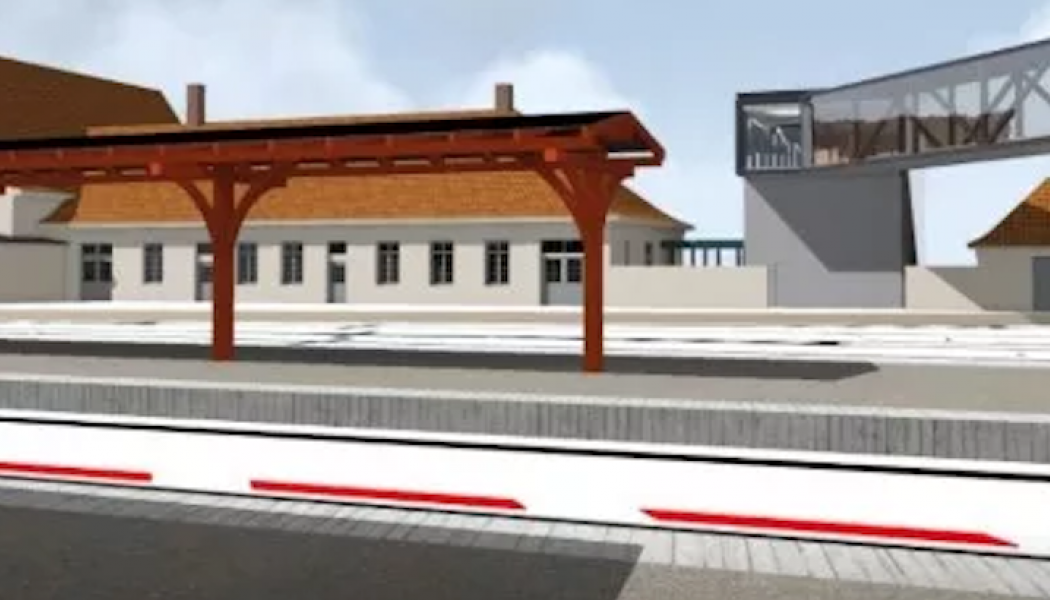 Illustrationen visar ett förslag på väderskyddad gångpassage över spåren till perrongerna. Bild: Trafikverket