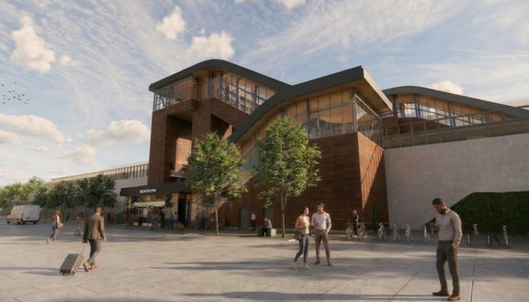 Bergsbrunna station är dimensionerad för att kunna ta emot 30 000 resenärer dagligen när den står klar 2034. Här sedd från den östra sidan. Illustration: SWECO/Trafikverket