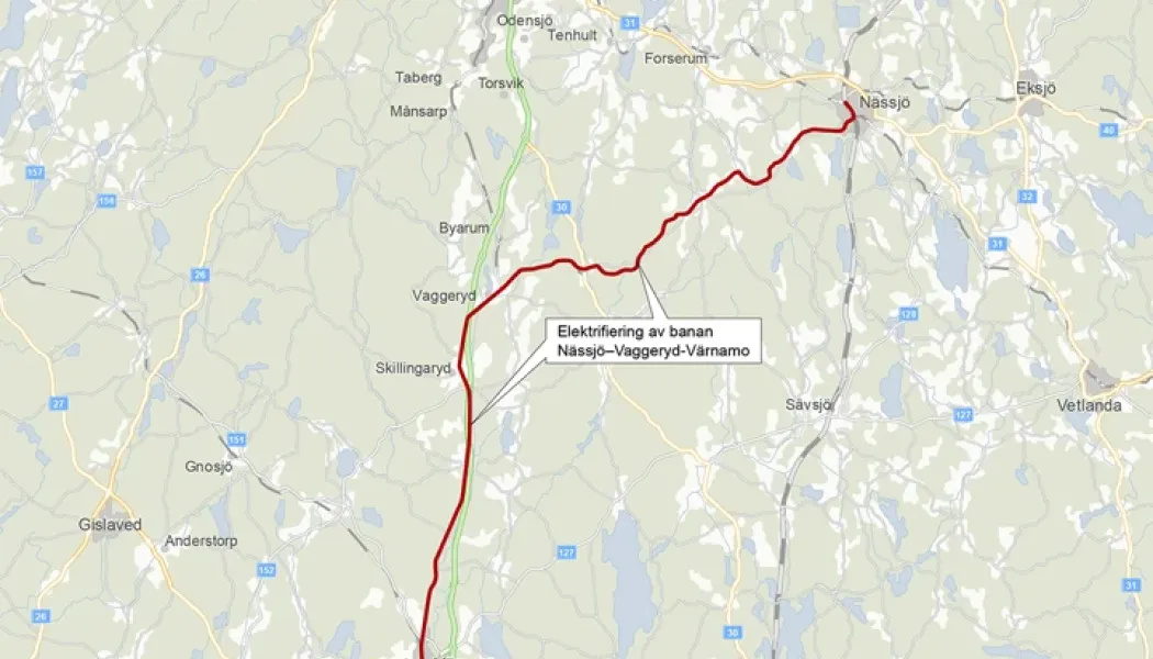 Järnvägen mellan Nässjö och Värnamo. Karta: Trafikverket
