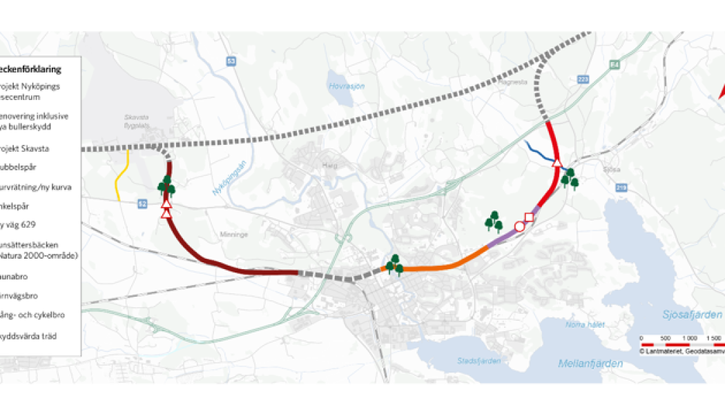 Kartan visar omfattningen av projekt Nyköping Bibana, med entreprenadgränser mot anslutande projekt, nya broar, skyddsvärda miljöer, uppdelning dubbel- och enkelspår samt renoveringen av befintlig bana. Karta: Trafikverket