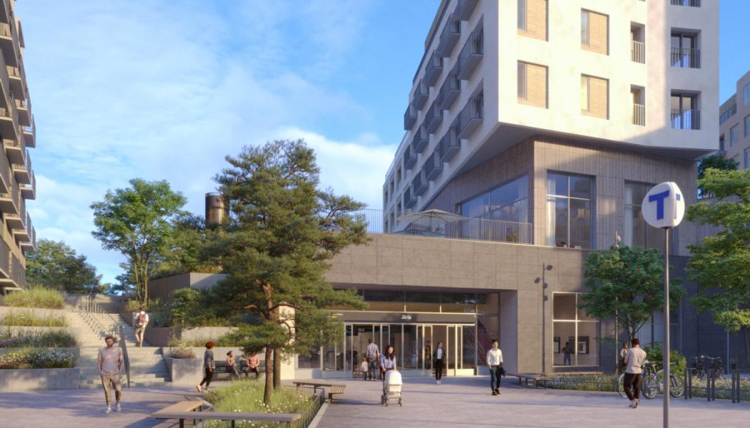 I slänten mellan Birkavägen och Värmdövägen ska station Järla ligga. Bilden visar entrén från ett nytt torg vid Värmdövägen. Bild: Region Stockholm/Sweco.