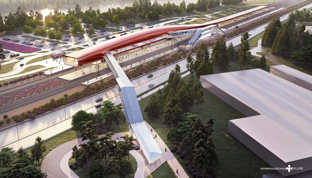 Pärnu stadsförvaltning har utfärdat ett bygglov för Rail Baltica att bygga Pärnu internationella passagerarterminal i Estland. Rail Balticas internationella passagerarterminal kommer att ligga cirka 4 kilometer från Pärnu centrum, mellan Via Baltica och Pärnufloden. Illustration: Rail baltica