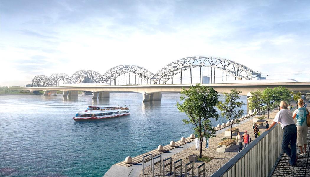 Förutom att underlätta tågtrafiken, kommer bron att inkludera en gång- och cykelväg för att förbättra mobiliteten i stadens centrum. Illustration: Rail Baltica/PHL Architects