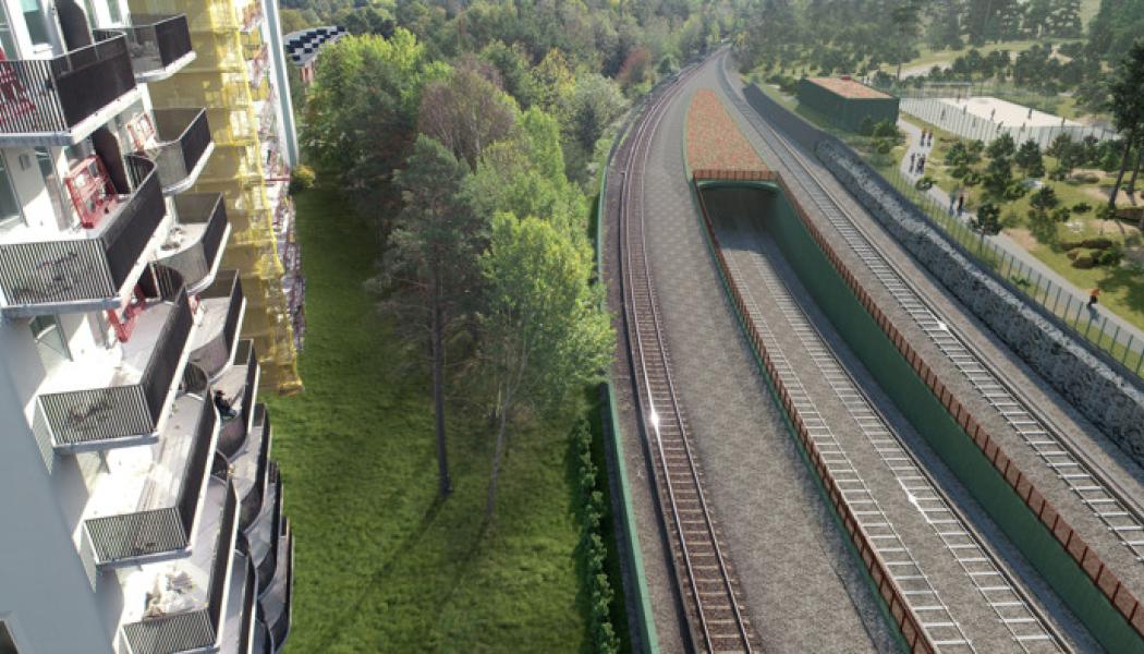 Söder om Hökarängens station kommer tågen att kunna åka ned i den nya tunneln till depån. Visionsbild: Region Stockholm / &Rundquist