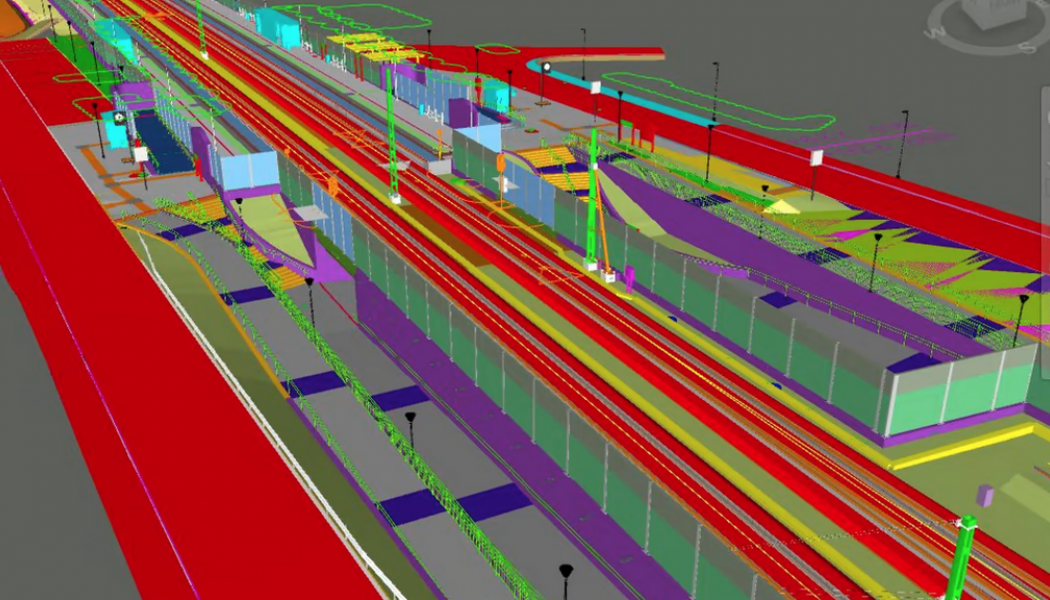 Kattarps station utmed Västkustbanan. Bro och stödmurar längs järnvägen, samt bullerskyddsåtgärder. Modell i Tekla Structures