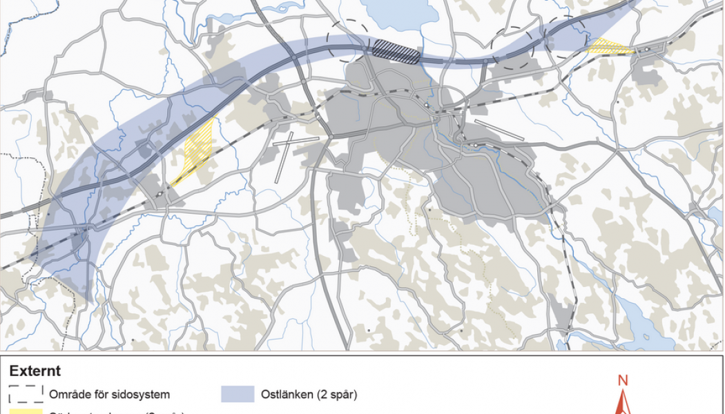 Ostlänken förläggs norr om staden och Södra stambanan ligger kvar i befintligt läge inne i centrala Linköping. Karta: Trafikverket