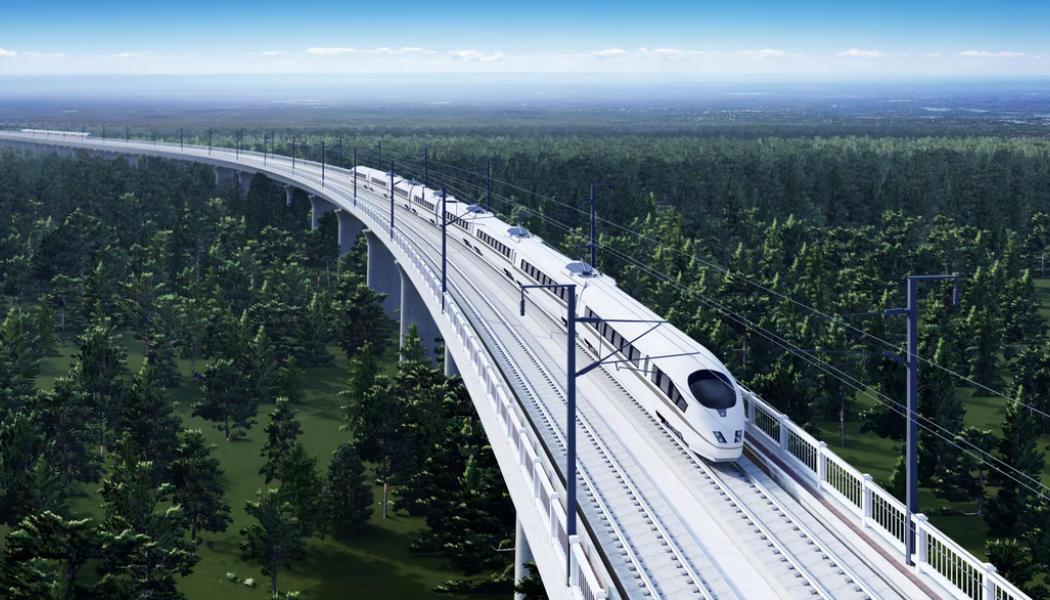 Höghastighetsbana på pelare som går genom landskapet. Illustration: Skanska