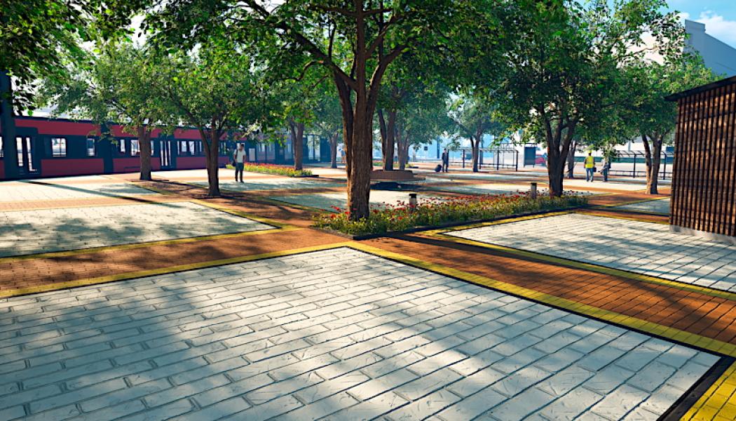 I Birkala planeras i anslutning till spårvagnshållplatsen vid Partolatorget ett trivsamt vistelseområde för invånarna, där träd ska ge skugga och grönska. Illustrationsbild: Spårvägsalliansen Tammerfors–Birkala–Linnainmaa.