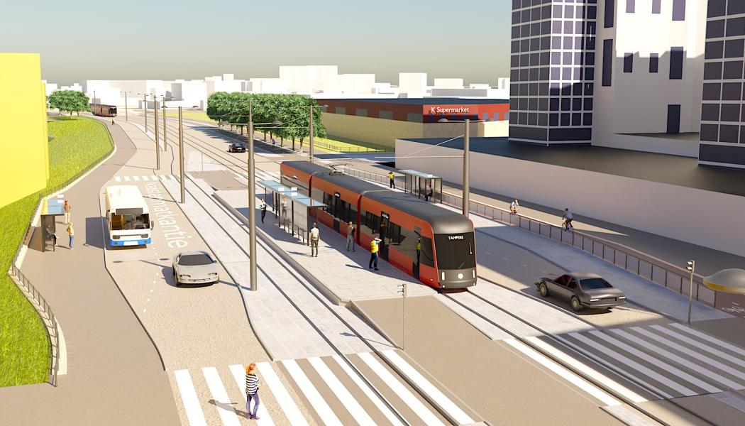 Illustration om framtida spårvagnshållplatsen i Birkala-stadsdelen Suupa väster om Tammerfors. Foto: Birkala-Linnainmaa projektplan och WSP.