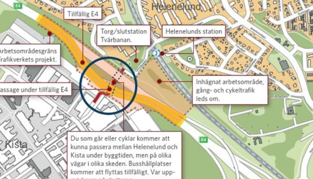 E4:an i höjd med Helenelund. Karta: Trafikverket