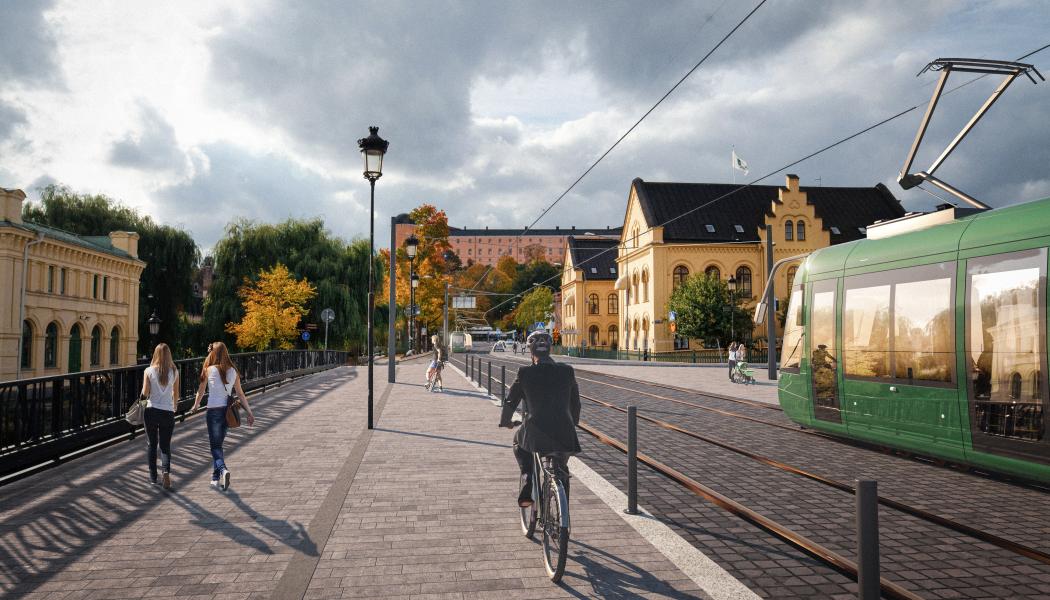 Så här kan det se ut med spårväg över Islandsbron i Uppsala år 2029. Visionsbild. Illustration: White arkitekter