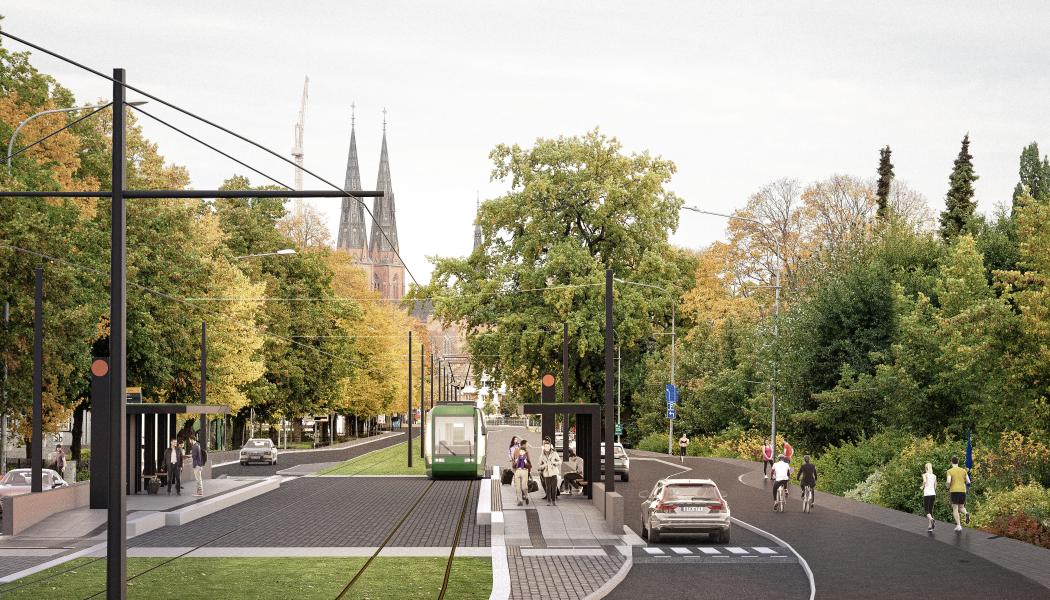 Spårvagnar ska minska trängseln på gatorna och säkra hållbara kommunikationer för Uppsalabor och pendlare.
Illustration: White