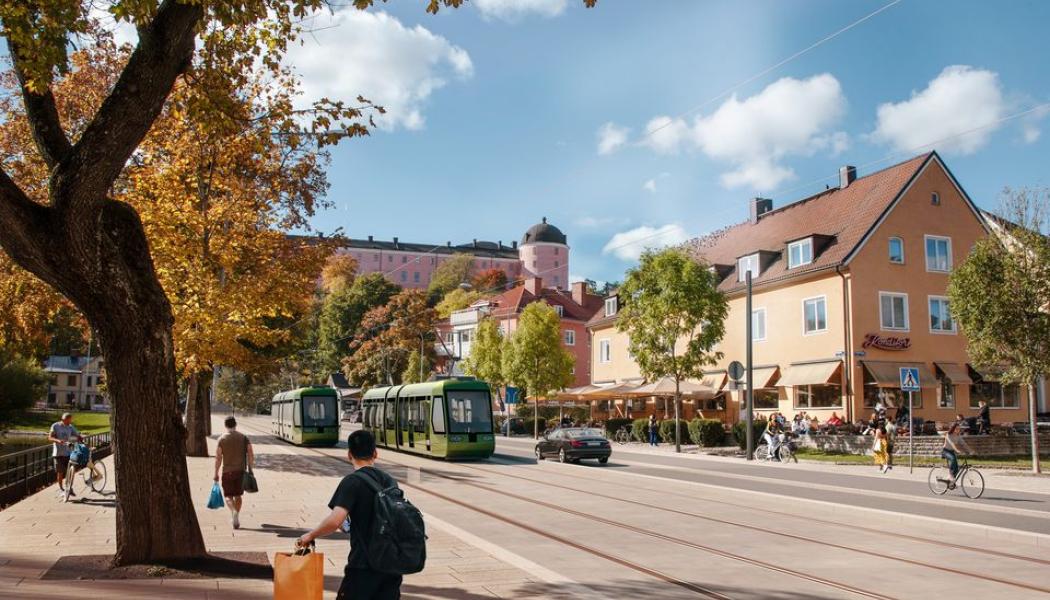 Uppsala ska få spårväg till 2029. Visionsbild, Fågelsången. Illustration: White arkitekter.
