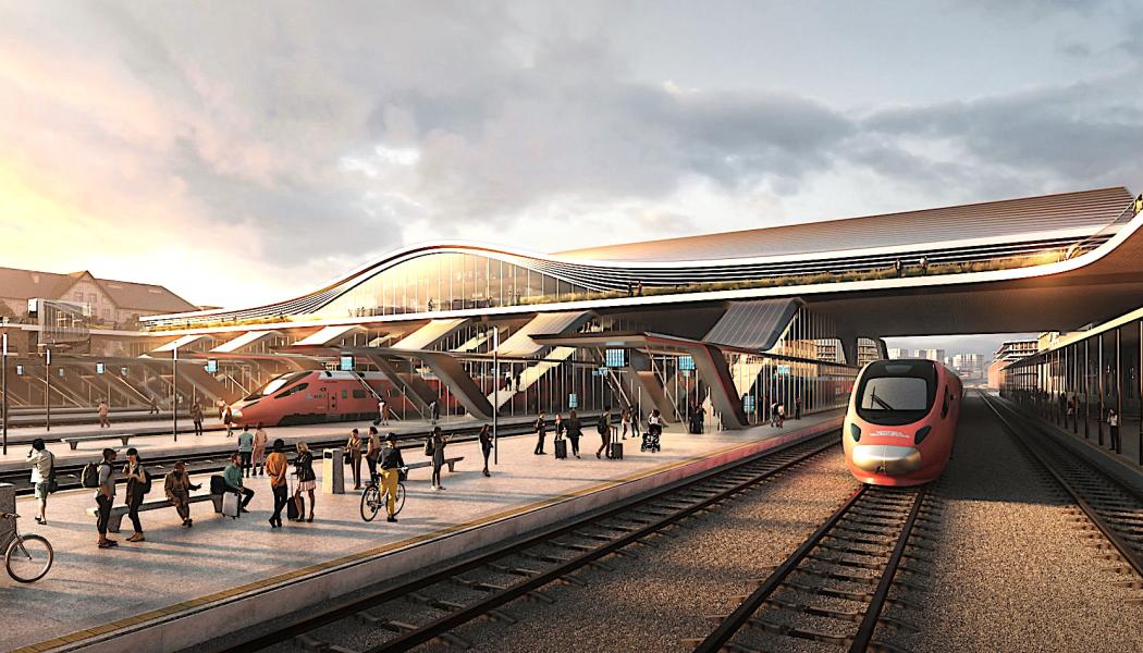 Zaha Hadid Architects (ZHA) design av en framtida ombyggd centralstation i Vilnius, Litauens huvudstad. Målet är att tillföra faciliteter för att betjäna Rail Baltica-tjänsten, som så småningom kommer att länka samman Litauen, Lettland och Estland med resten av EU. Illustration med tillstånd av ZHA