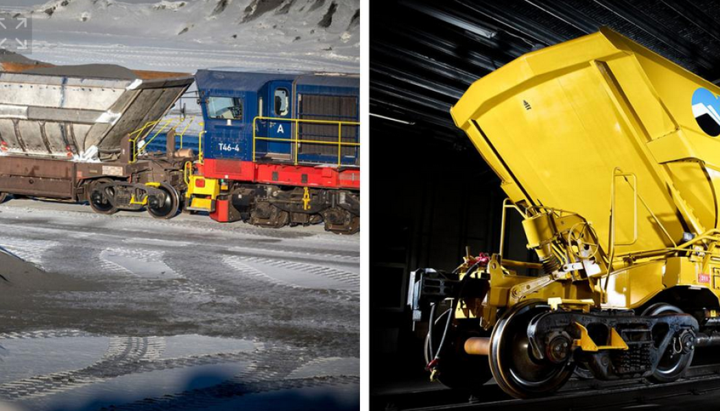 
Till vänster en vagn för transport av finkorningt material. Till höger pelletsvagnar modell F050 i LKAB:s flotta. Foto: Kiruna Wagon
