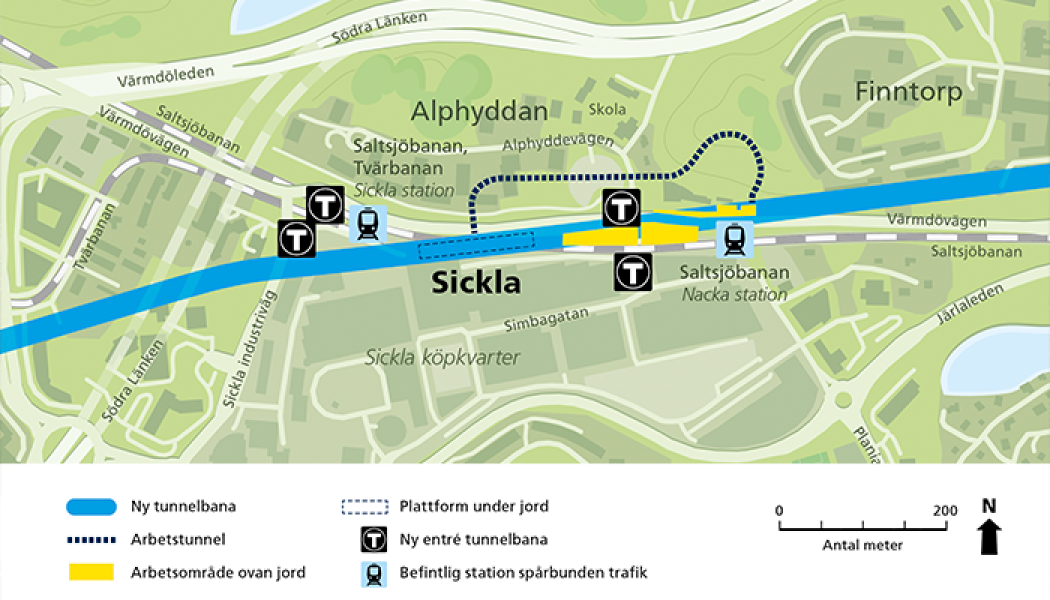 Trafikstart för Blå linje till Nacka är 2030. Karta: Nya Tunnelbanan