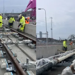 Spåren monterades på betongblock medan de låg på marken, innan hela anläggningen lyftes upp till rätt höjd. Foto: Trafikverket