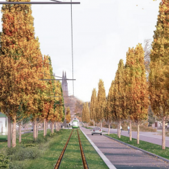 Spårvägen längs Dag Hammarskjölds väg. Illustration: White Arkitekter).