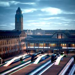 Framtidsvision av Helsingfors centralstation år 2072. Hypersnabba tåg i form av autonoma podder väntar på passagerare.  Kapslarna påminner om en rymdfarkost som skjuts iväg genom en tunnel. Kapseln, eller “podden” som den kallas, svävar en bit ovanför spåret. Ja, den leviterar faktiskt med hjälp av elektromagnetisk teknik även kallas magnetisk levitation (maglev). ZOAN