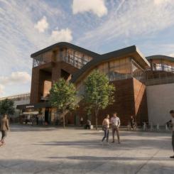 Bergsbrunna station är dimensionerad för att kunna ta emot 30 000 resenärer dagligen när den står klar 2034. Här sedd från den östra sidan. Illustration: SWECO/Trafikverket