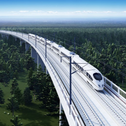 Illustration av Skanskas vision av höghastighetståg på brobanor. Bild Skanska/CRIG