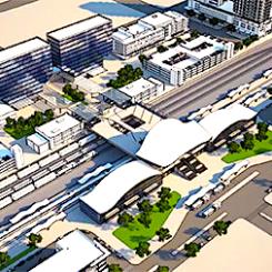 Burbank Airport Station kommer att ligga väster om Hollywood Way och öster om Hollywood Burbank AirportExternal Link. Den raffinerade underjordiska stationen för höghastighetståg kommer att ligga i anslutning till den framtida Hollywood Burbank Airport-ersättningsterminalen External Link, som kommer att ge en möjlighet att direkt länka samman dessa två viktiga transportnav. Bild: California High-Speed Rail Authority,