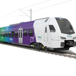 Varje fyrdelad FLIRT-enhet erbjuder 248 sittplatser, varav 12 i första klass, och har kapacitet för totalt 457 passagerare. Tågen är utformade för hög flexibilitet, med multifunktionella ytor som kan anpassas efter säsong och behov – exempelvis för cykelparkering eller extra sittplatser. Bild: Stadler