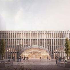 Nytt stationshus östra fasaden. Illustration: Reiulf Ramstad Arkitekter.