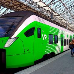 Den nya designen har även anpassats för att tågen ska vara lätta att känna igen, både från avstånd och på nära håll vid perrongen. Designen är skapad för att tågen ska se bra ut både när de susar fram genom landskapet och när passagerare kliver ombord. Foto: VR