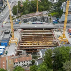 Knutpunkten Korsvägen, där det öppna schaktet för stationen är beläget. Foto: Kasper Dudzik