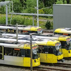 Manchester Metrolink depå med ett antal spårvagnar. Foto: Wikipedia Commons Lic, kredit: Peter McDermott