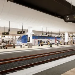 Ny plattformsmiljö – bredare, längre och tryggare plattformar. Visionsbild: Trafikverket