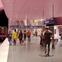 Visionsbild av station Gullmarsplans plattform för Blå linje. Visionsbild: Region Stockholm/Sweco