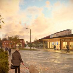 Visionsbild över ett framtida område kring resecentrum i Sävar med vy från Kungsvägen mot öster. Illustration: Link Arkitekter.