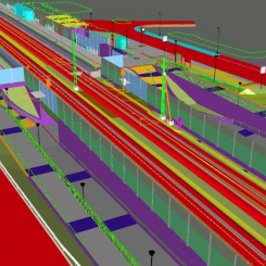 Kattarps station utmed Västkustbanan. Bro och stödmurar längs järnvägen, samt bullerskyddsåtgärder. Modell i Tekla Structures
