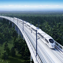 Höghastighetsbana på pelare som går genom landskapet. Illustration: Skanska