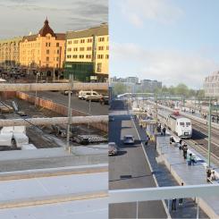 Till vänster syns Karlstad C i december 2024 med vy mot väster från gångbron Trädgårdslänken. Till höger en illustration som visar anläggningen när utbyggnaden är färdig.Foto: Trafikverket/White