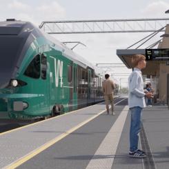 Dubbelspåret fortsätter över Tangenhalvön, där ett nytt stationsområde byggs nordväst om det nuvarande. I norra delen av kommunen går spåret både längs de befintliga järnvägsspåren och i ny terräng. Stange station byggs om och kommer att se ut som ny. Illustration: Eleda