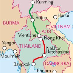 Den planerade järnvägen, som sträcker sig 873 kilometer, ska koppla samman Bangkok med Nong Khai vid gränsen till Laos, där den ansluter till Kina-Laos-järnvägen. När projektet är färdigt ska det bli möjligt att resa med tåg hela vägen från Bangkok till Kunming i den kinesiska provinsen Yunnan. Karta: WKZ-Grafik