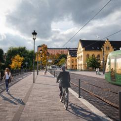 Så här kan det se ut med spårväg över Islandsbron i Uppsala år 2029. Visionsbild. Illustration: White arkitekter