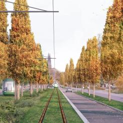 Spårväg förbi Dag Hammarskjölds väg i Uppsala. Visionsbild: Illustration  White arkitekter