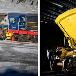 Till vänster en vagn för transport av finkorningt material. Till höger pelletsvagnar modell F050 i LKAB:s flotta. Foto: Kiruna Wagon