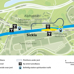 Trafikstart för Blå linje till Nacka är 2030. Karta: Nya Tunnelbanan
